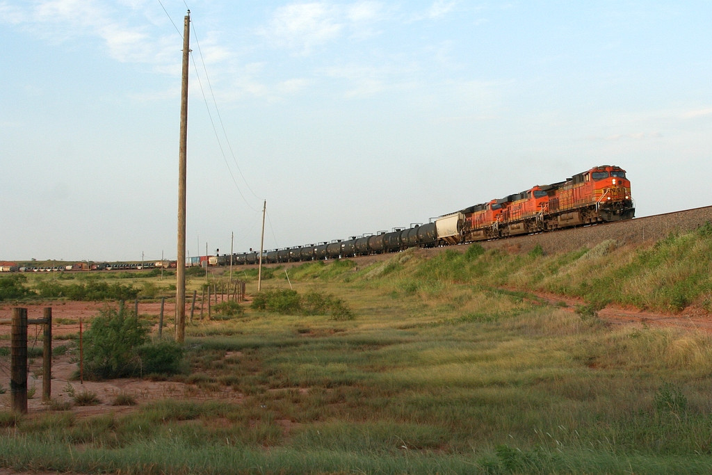 BNSF WB freight just off the bridge at the foot of the hill